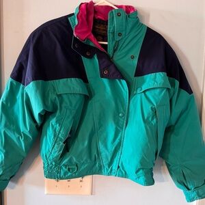 Vintage Women’s Eddie Bauer Teal and Navy Ski Jacket with Pink Lining